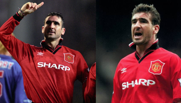 Camisa retrô Manchester United Umbro 1994-1996 vermelha com detalhes clássicos.